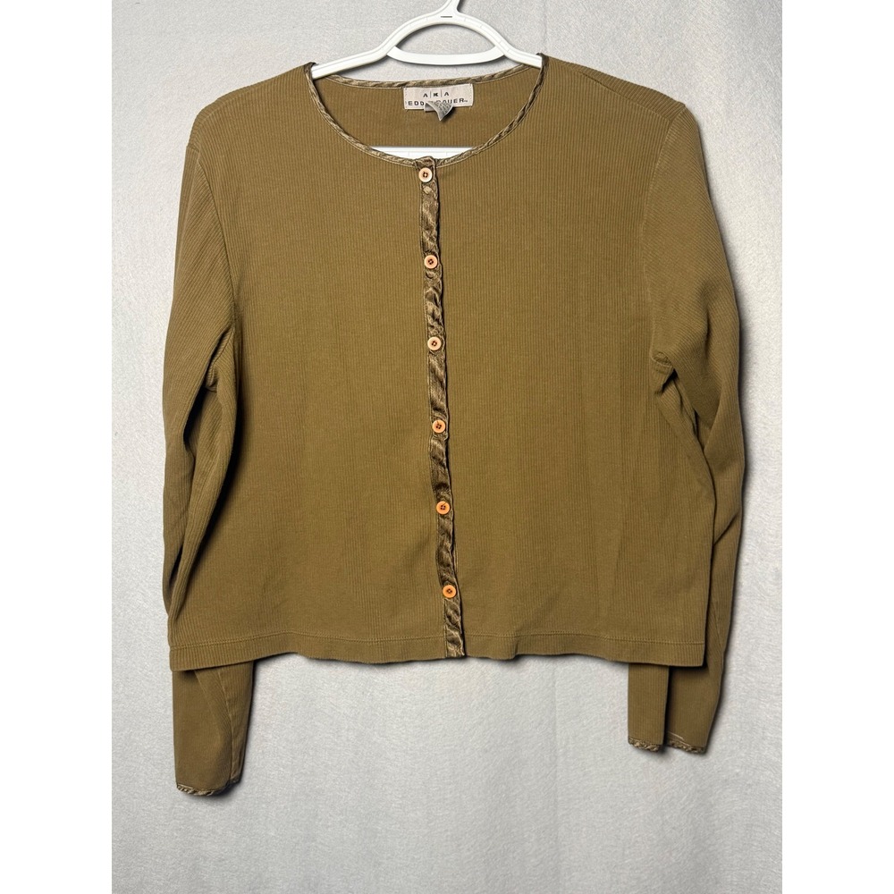 Vintage AKA Eddie Bauer Womens Ribbed Cotton Cardigan Sweater Olive Green